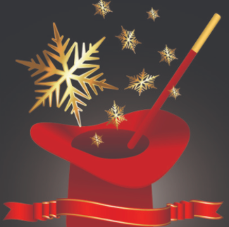 Image of magician's hat and wand and snowflakes